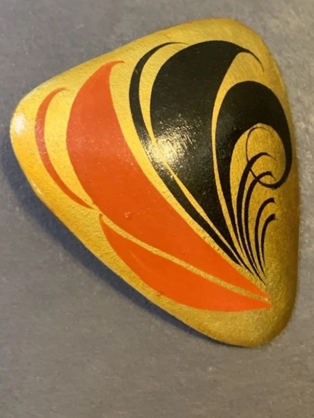 Vintage Folk Art Wooden Triangular Brooch/Pin Made in USSR Gold Red Black
